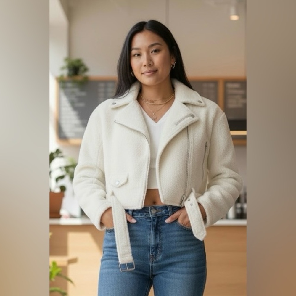Juicy Couture Womens White Mohair Cropped Moto Jacket